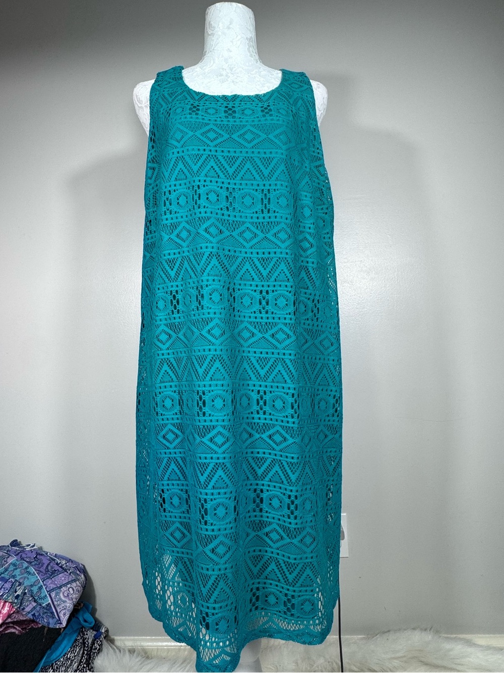 Tacera Teal Crochet Shift Dress